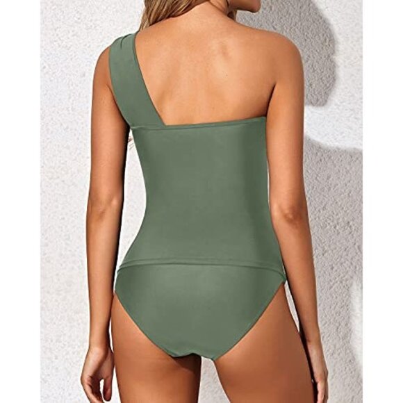 Tempt Me Size XXL Two Piece Tankini Womens One-Shoulder Asymmetrical Ruched - Picture 4 of 6